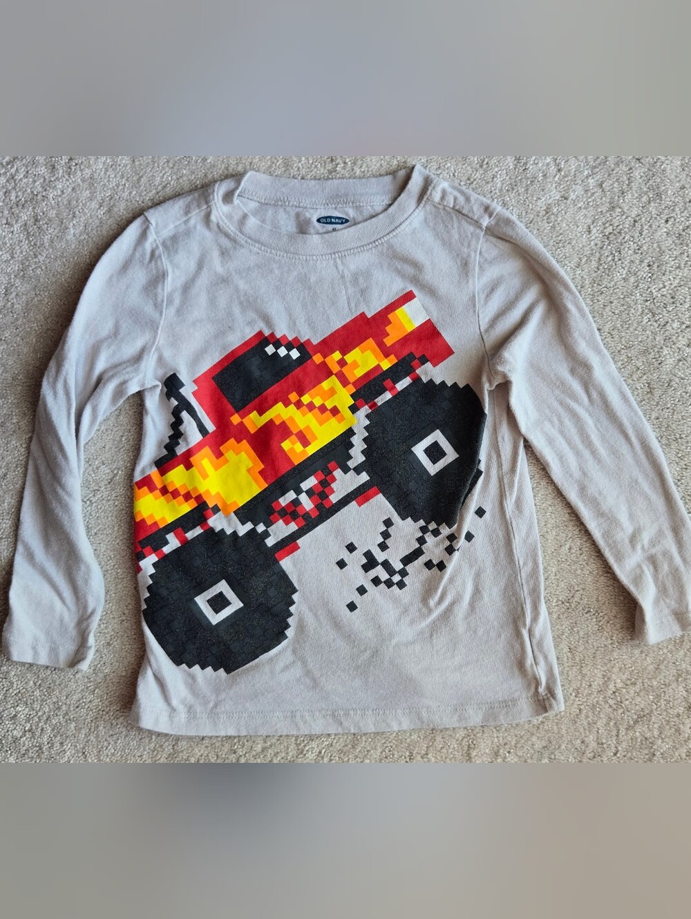Old Navy Boys' Pixel Monster Truck Tee - White with Red/Yellow/Black Graphic